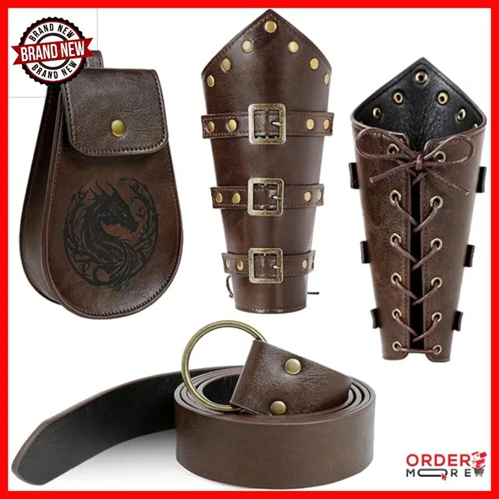 Adjustable Faux Leather Viking Belt Set with Pouch & Bracers